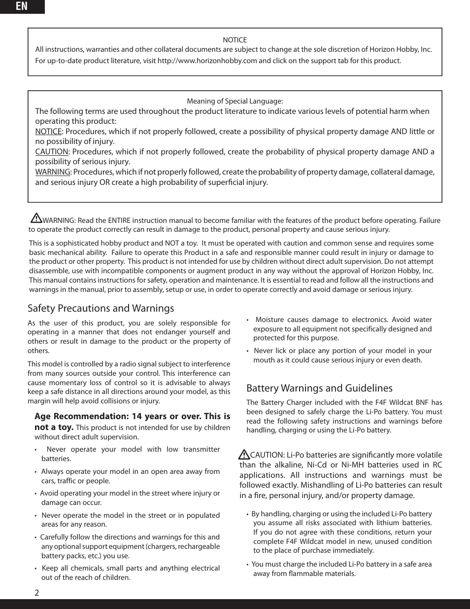 En safety precautions and warnings, Battery warnings and guidelines | ParkZone PKZ1980 User Manual | Page 2 / 72