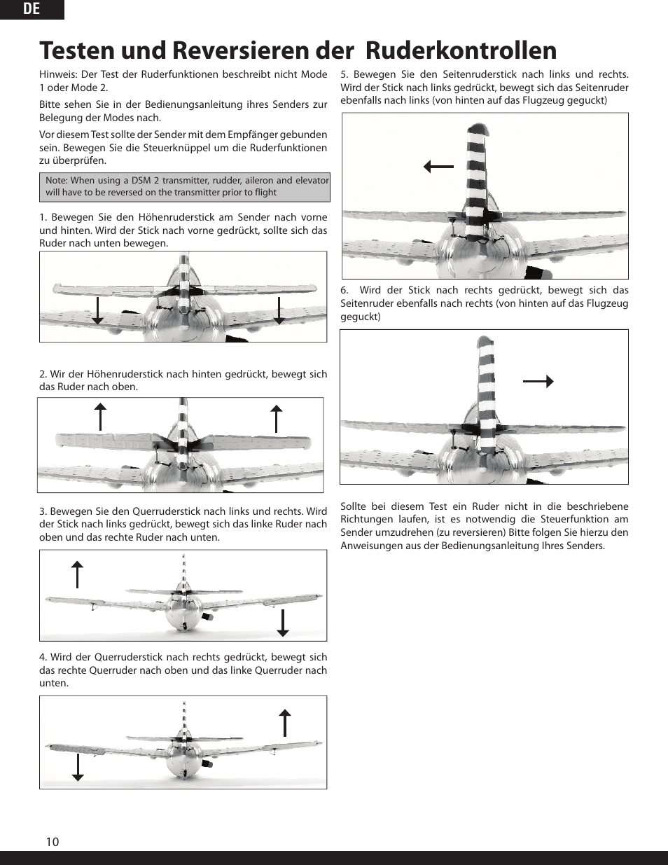 Testen und reversieren der ruderkontrollen | ParkZone PKZ1980 User Manual | Page 27 / 72