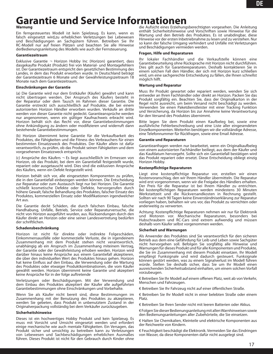 Garantie und service informationen | ParkZone PKZ1980 User Manual | Page 34 / 72