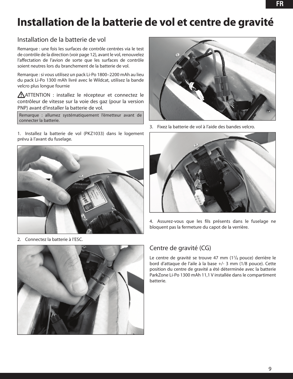 Fr installation de la batterie de vol, Centre de gravité (cg) | ParkZone PKZ1980 User Manual | Page 43 / 72