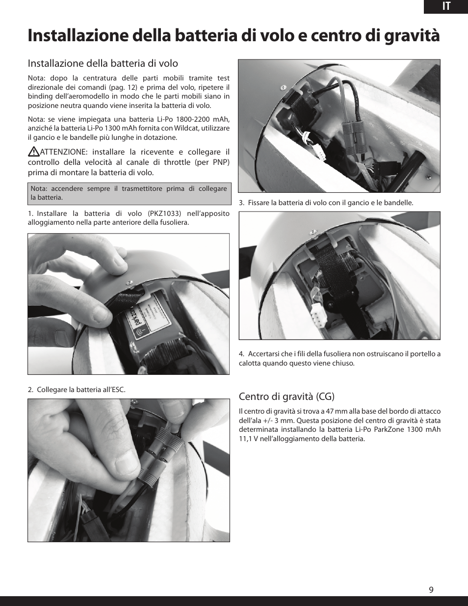 It installazione della batteria di volo, Centro di gravità (cg) | ParkZone PKZ1980 User Manual | Page 60 / 72