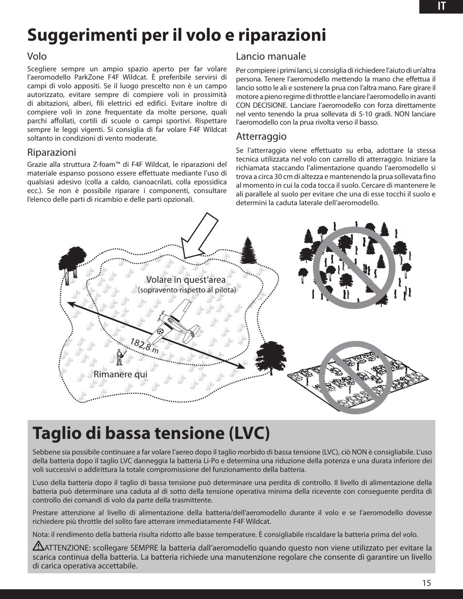 Suggerimenti per il volo e riparazioni, Taglio di bassa tensione (lvc), It volo | Riparazioni, Lancio manuale, Atterraggio | ParkZone PKZ1980 User Manual | Page 66 / 72