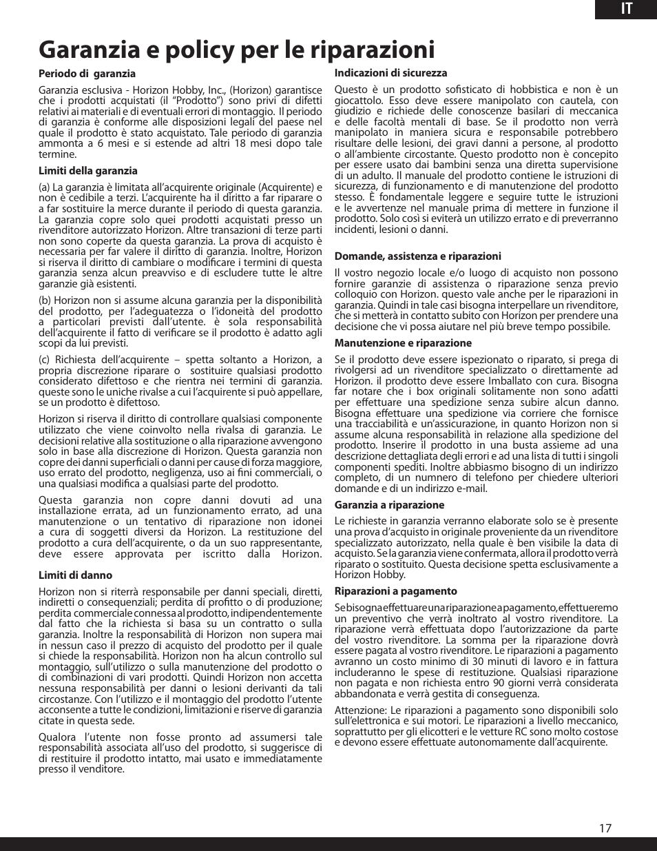 Garanzia e policy per le riparazioni | ParkZone PKZ1980 User Manual | Page 68 / 72