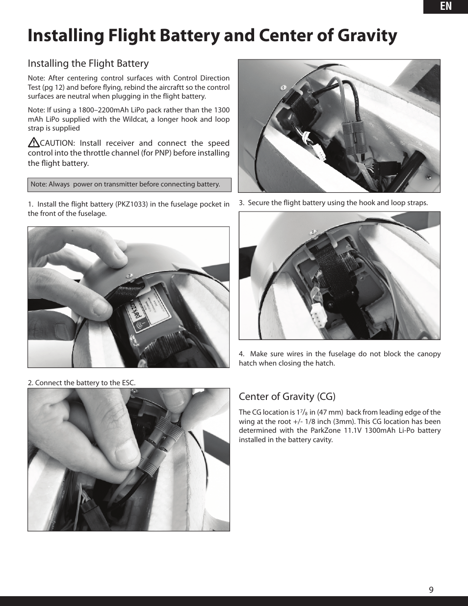 Installing flight battery and center of gravity, En installing the flight battery, Center of gravity (cg) | ParkZone PKZ1980 User Manual | Page 9 / 72