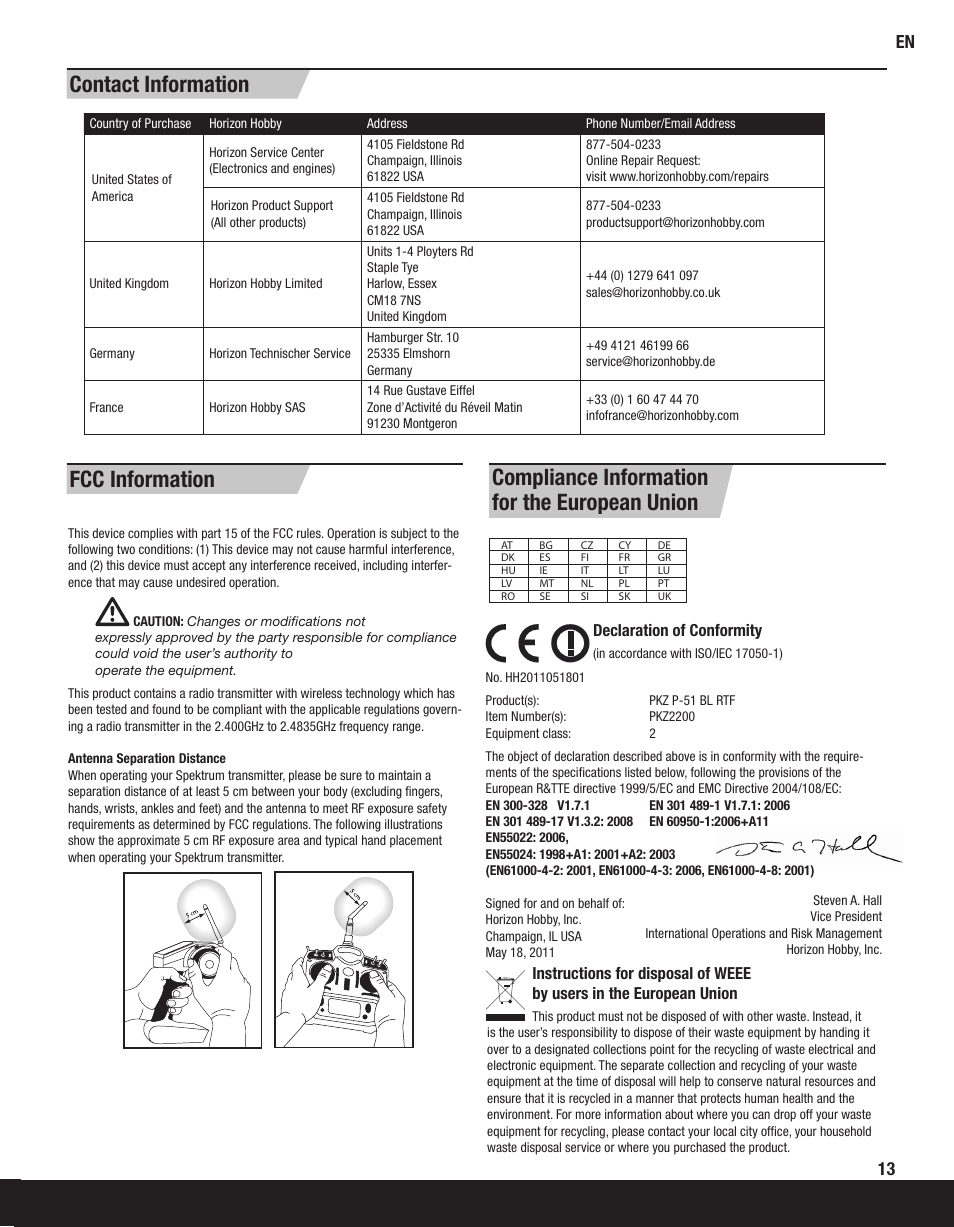 Contact information | ParkZone PKZ2200 User Manual | Page 13 / 48