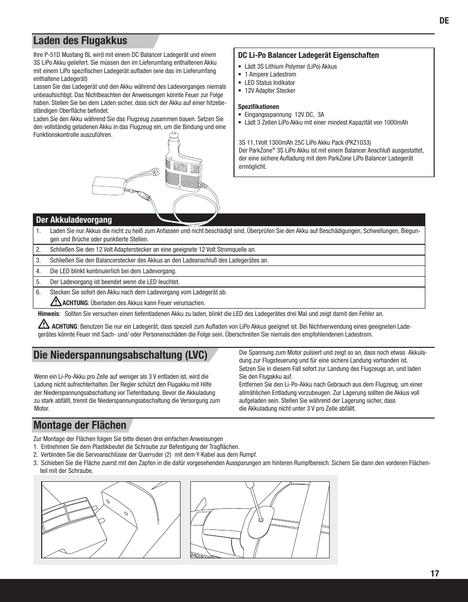 Die niederspannungsabschaltung (lvc), Laden des flugakkus montage der flächen, Der akkuladevorgang | ParkZone PKZ2200 User Manual | Page 17 / 48