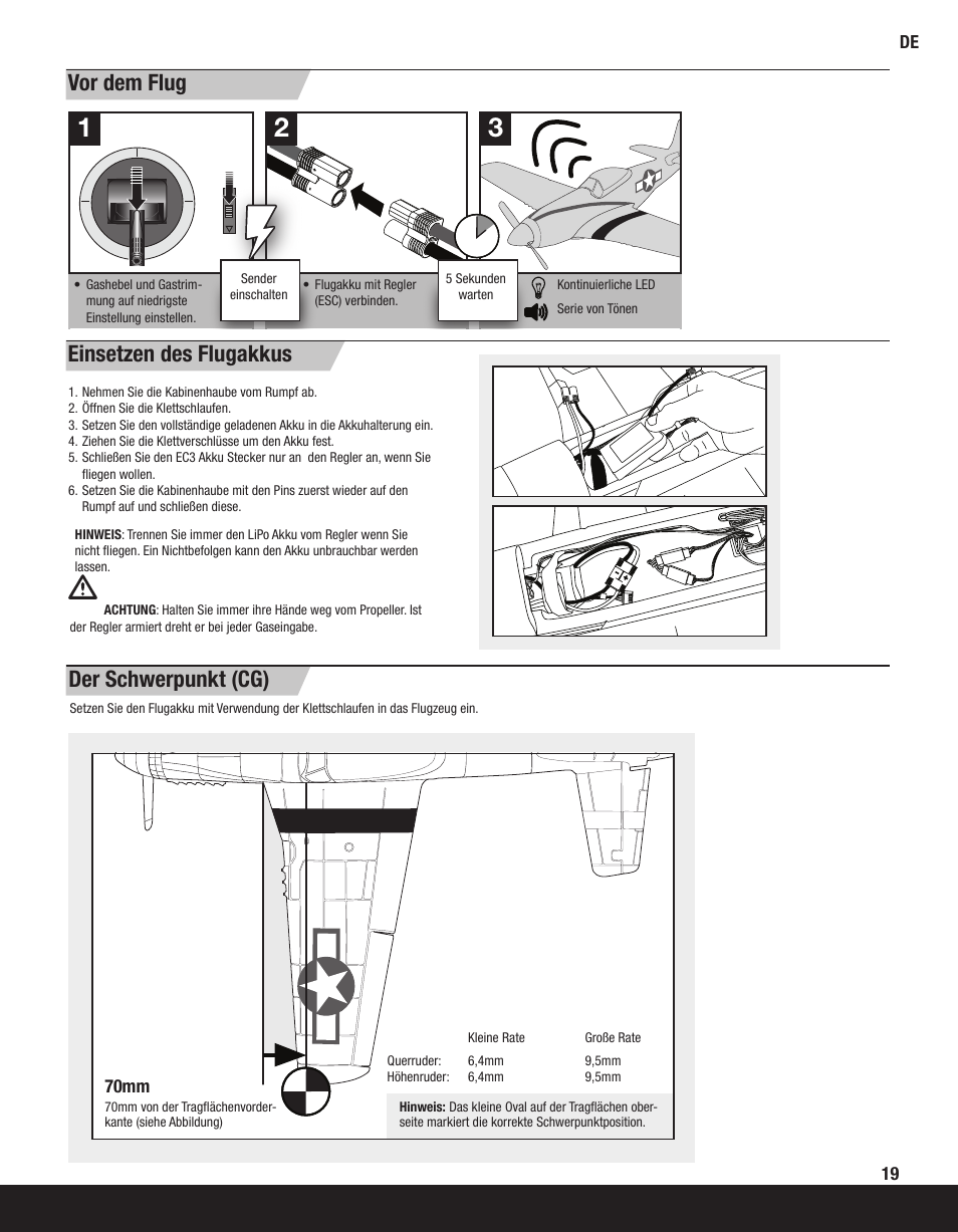 Der schwerpunkt (cg), Vor dem flug, Einsetzen des flugakkus | ParkZone PKZ2200 User Manual | Page 19 / 48