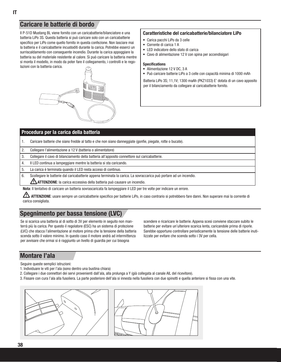 Spegnimento per bassa tensione (lvc), Caricare le batterie di bordo montare l’ala, Procedura per la carica della batteria | ParkZone PKZ2200 User Manual | Page 38 / 48