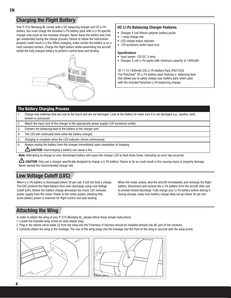 Low voltage cutoff (lvc), Charging the flight battery attaching the wing, The battery charging process | ParkZone PKZ2200 User Manual | Page 4 / 48