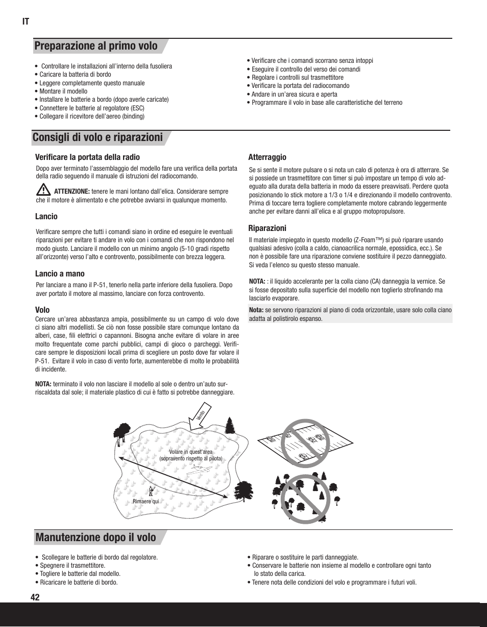 Consigli di volo e riparazioni, Preparazione al primo volo, Manutenzione dopo il volo | ParkZone PKZ2200 User Manual | Page 42 / 48