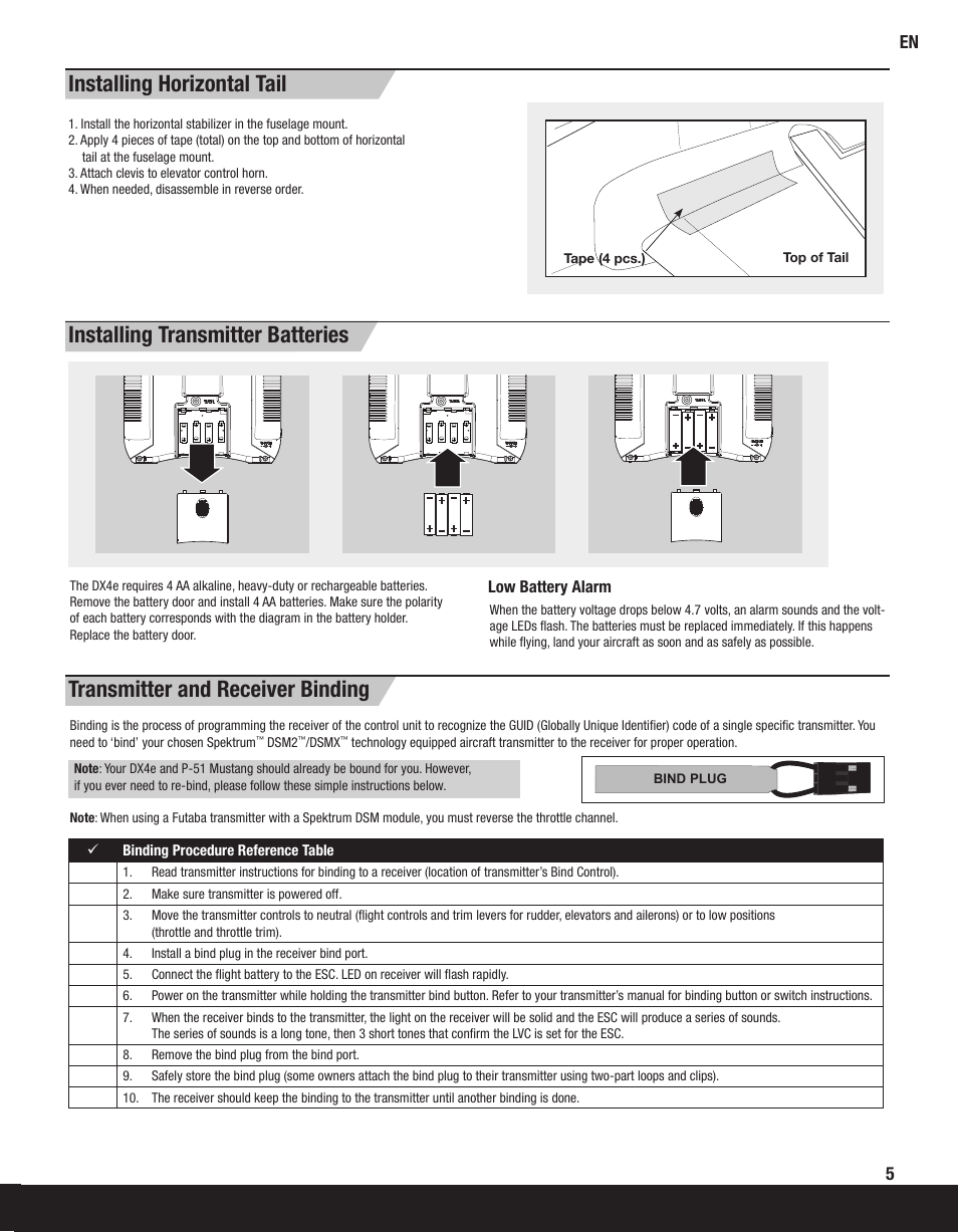 Transmitter and receiver binding, Installing transmitter batteries, Installing horizontal tail | ParkZone PKZ2200 User Manual | Page 5 / 48