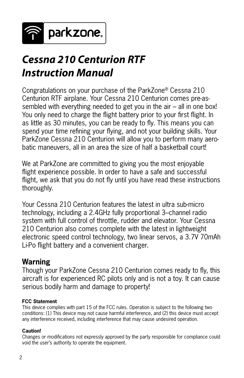 Cessna 210 centurion rtf instruction manual | ParkZone PKZ3000 User Manual | Page 2 / 20