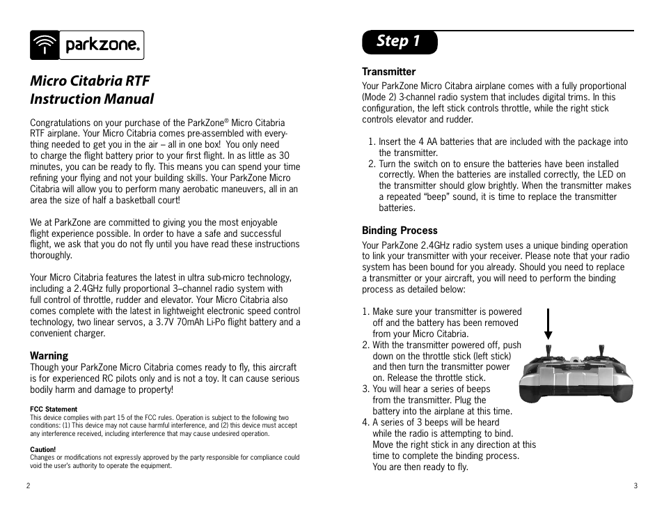 Step 1, Micro citabria rtf instruction manual | ParkZone PKZ3110 User Manual | Page 2 / 11