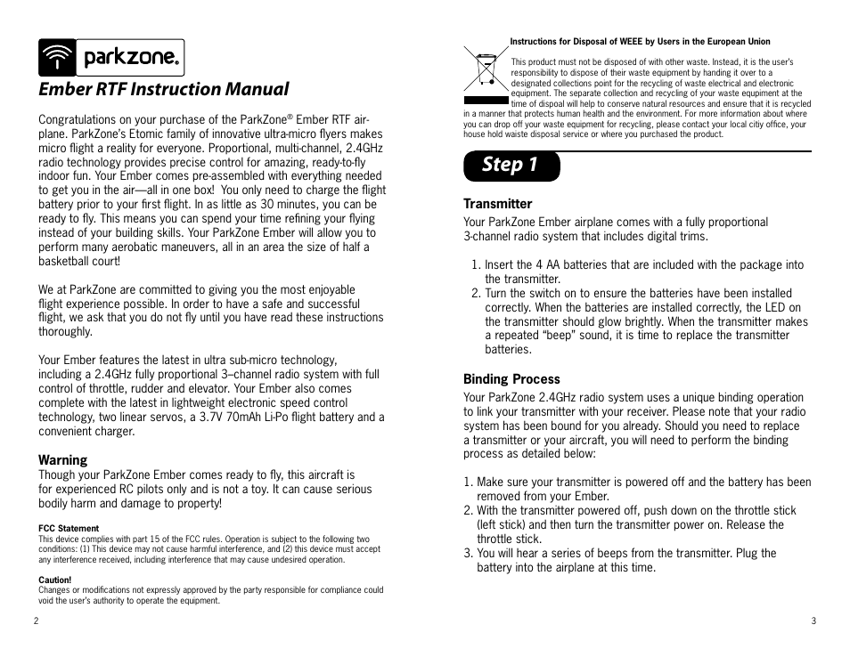 Step 1, Ember rtf instruction manual | ParkZone PKZ3200 User Manual | Page 2 / 11