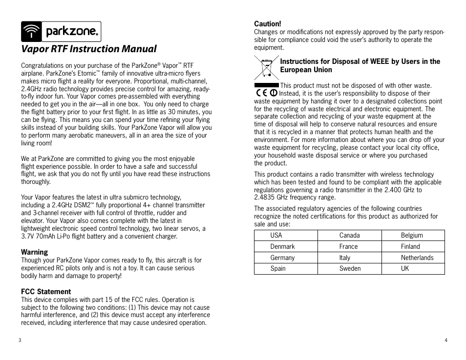 Vapor rtf instruction manual | ParkZone PKZ3300 User Manual | Page 2 / 12