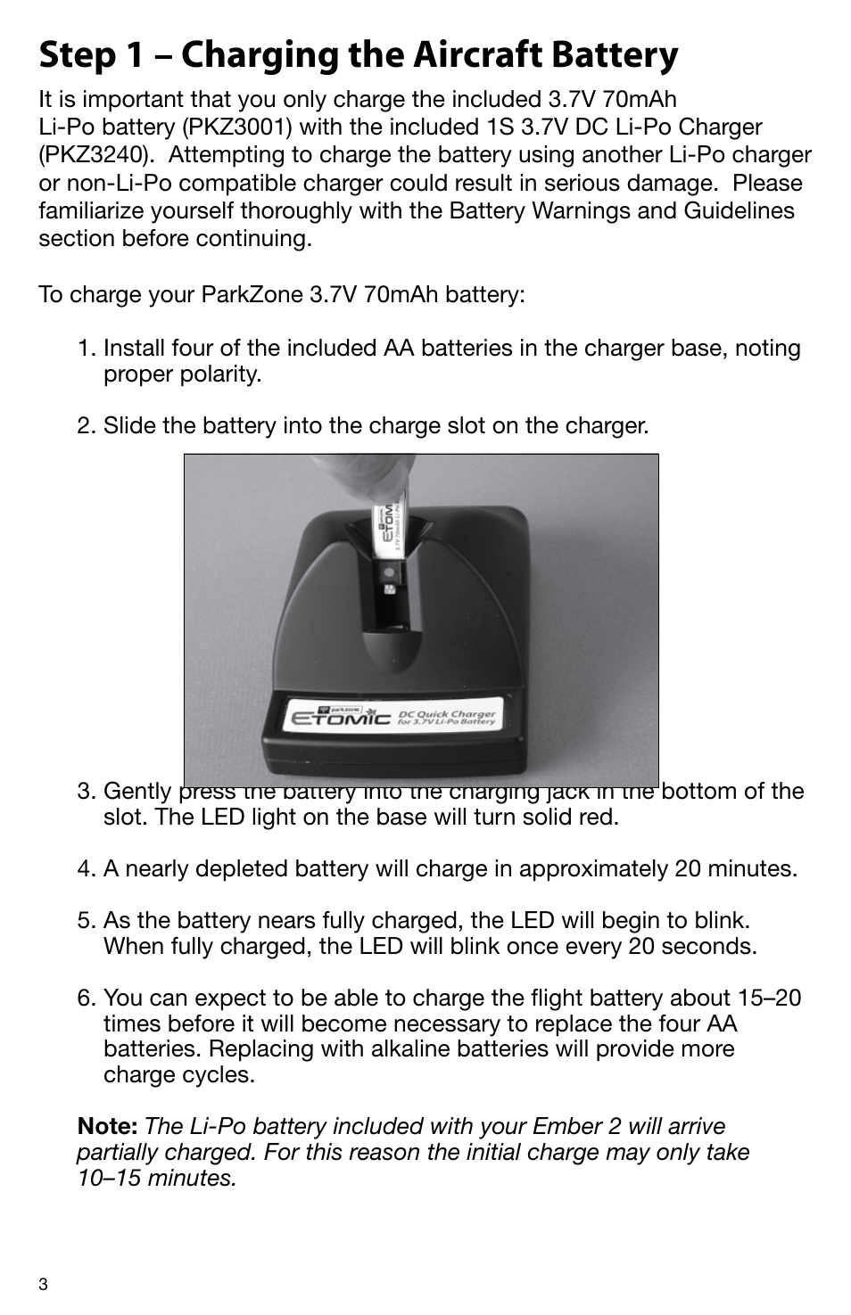 Step 1 – charging the aircraft battery | ParkZone PKZ3400 User Manual | Page 5 / 24