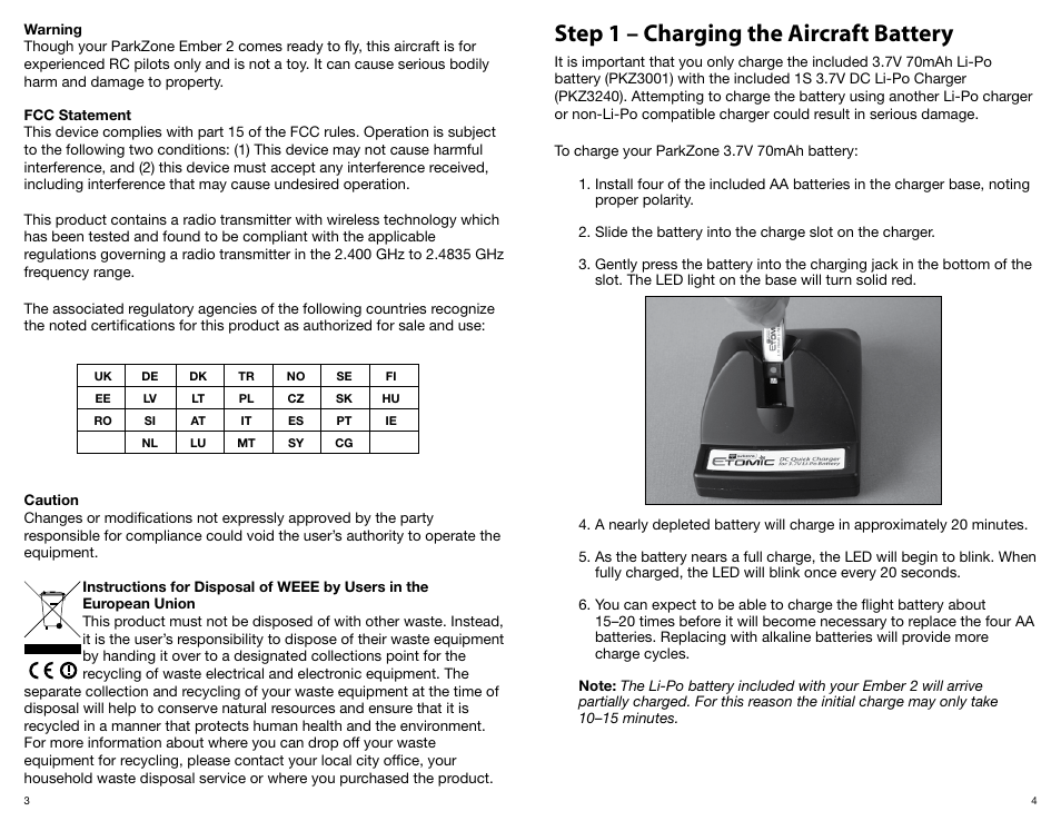 Step 1 – charging the aircraft battery | ParkZone PKZ3480 User Manual | Page 3 / 12