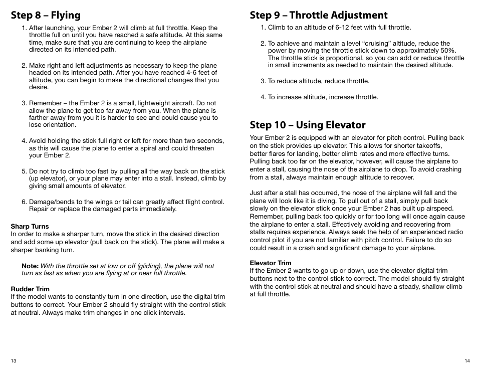 Step 8 – flying step 9 – throttle adjustment, Step 10 – using elevator | ParkZone PKZ3480 User Manual | Page 8 / 12