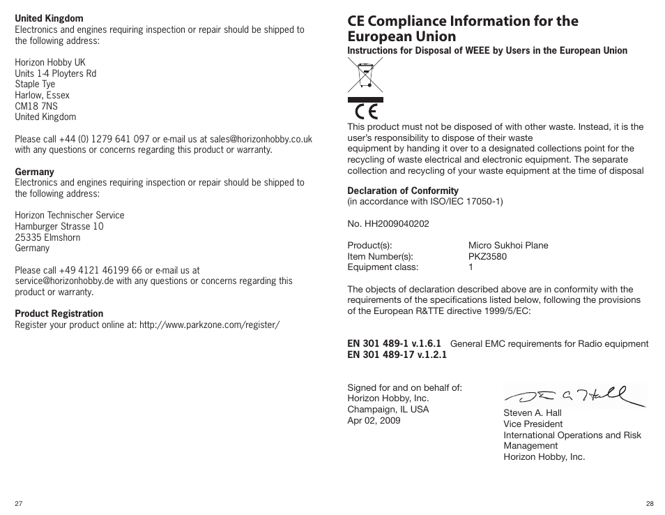 Ce compliance information for the european union | ParkZone PKZ3580 User Manual | Page 15 / 15