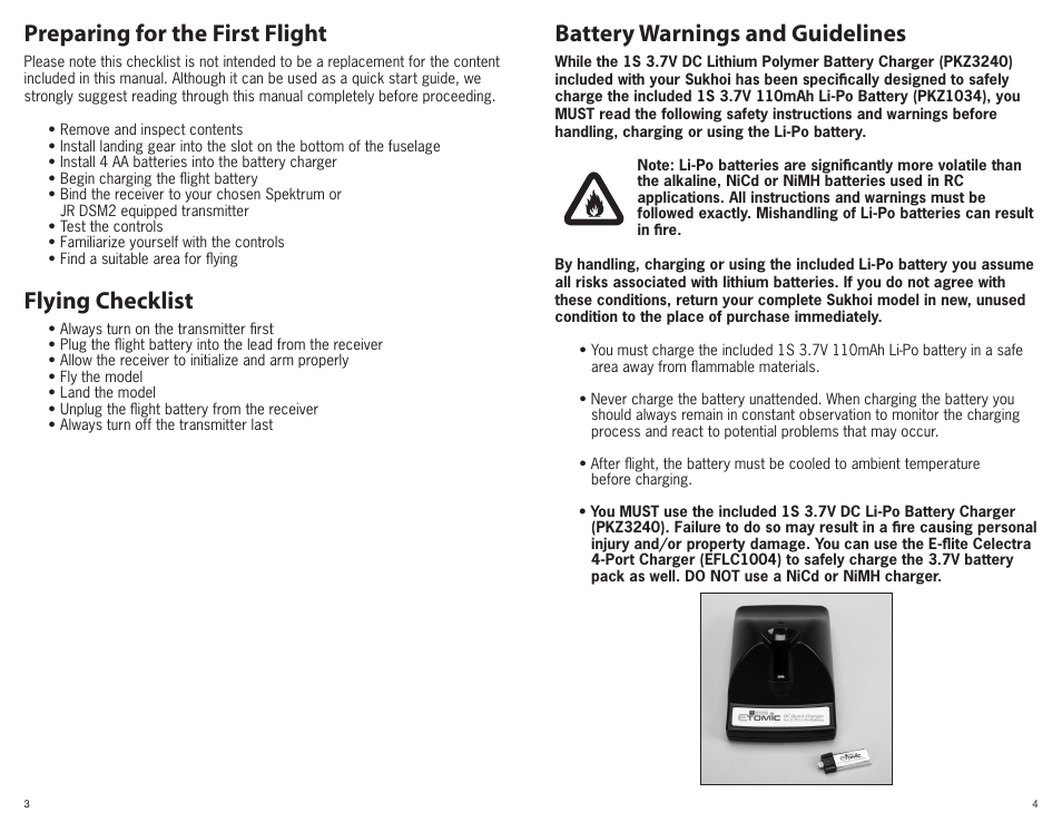 Preparing for the first flight flying checklist, Battery warnings and guidelines | ParkZone PKZ3580 User Manual | Page 3 / 15