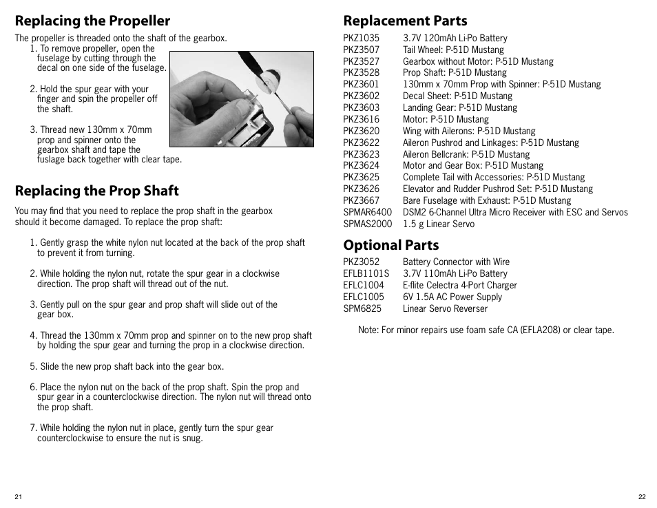 Replacing the prop shaft, Replacement parts optional parts, Replacing the propeller | ParkZone PKZ3600 User Manual | Page 12 / 16