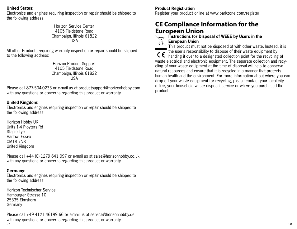 Ce compliance information for the european union | ParkZone PKZ3600 User Manual | Page 15 / 16