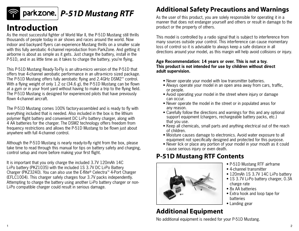 Introduction, P-51d mustang rtf, Additional equipment | ParkZone PKZ3600 User Manual | Page 2 / 16
