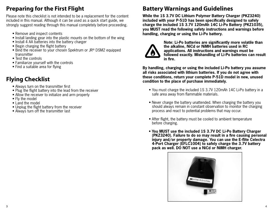 Preparing for the first flight flying checklist, Battery warnings and guidelines | ParkZone PKZ3680 User Manual | Page 3 / 16