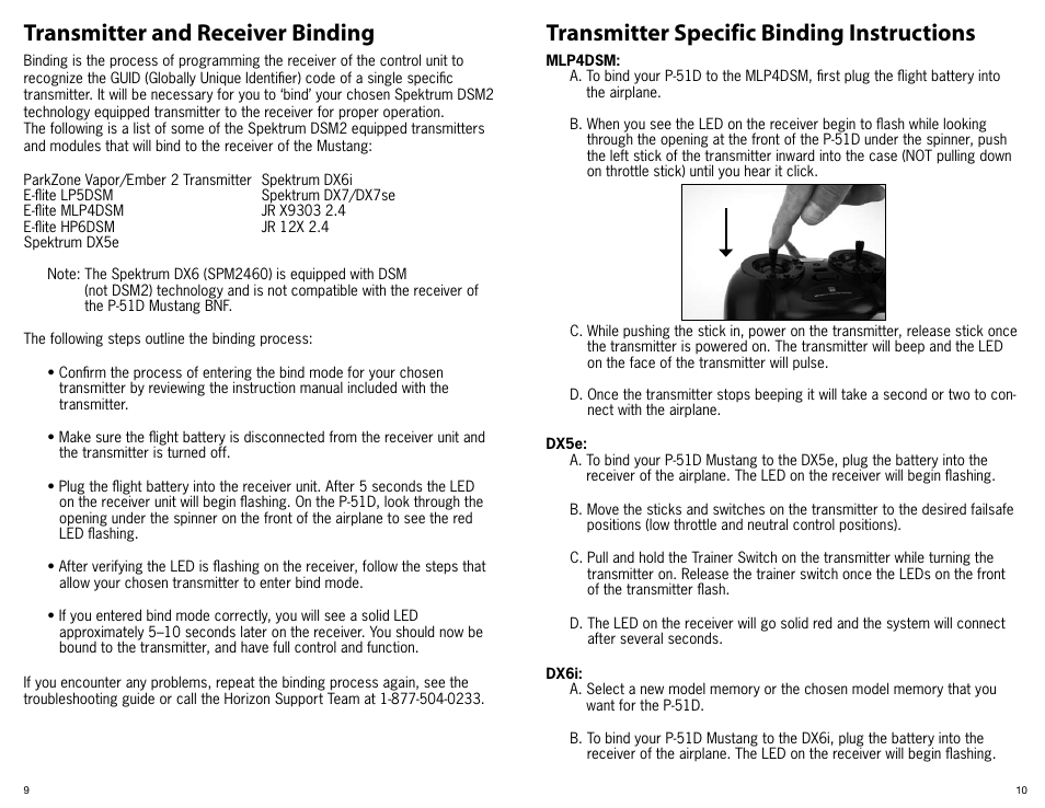 Transmitter and receiver binding, Transmitter specific binding instructions | ParkZone PKZ3680 User Manual | Page 6 / 16