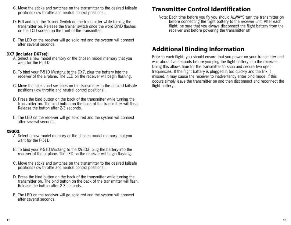 Transmitter control identification, Additional binding information | ParkZone PKZ3680 User Manual | Page 7 / 16