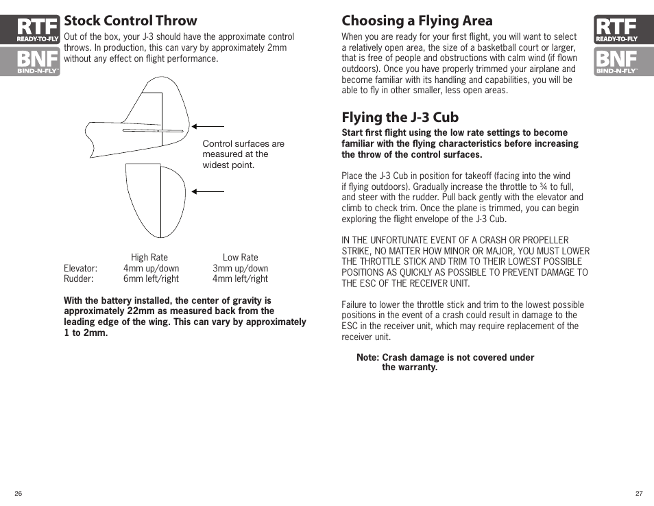 Stock control throw choosing a flying area, Flying the j-3 cub | ParkZone PKZ3980 User Manual | Page 14 / 20