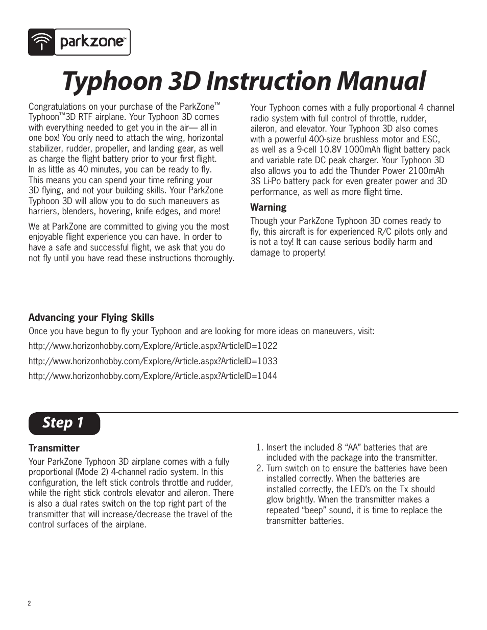 Typhoon 3d instruction manual, Step 1 | ParkZone PKZ4100 User Manual | Page 2 / 12