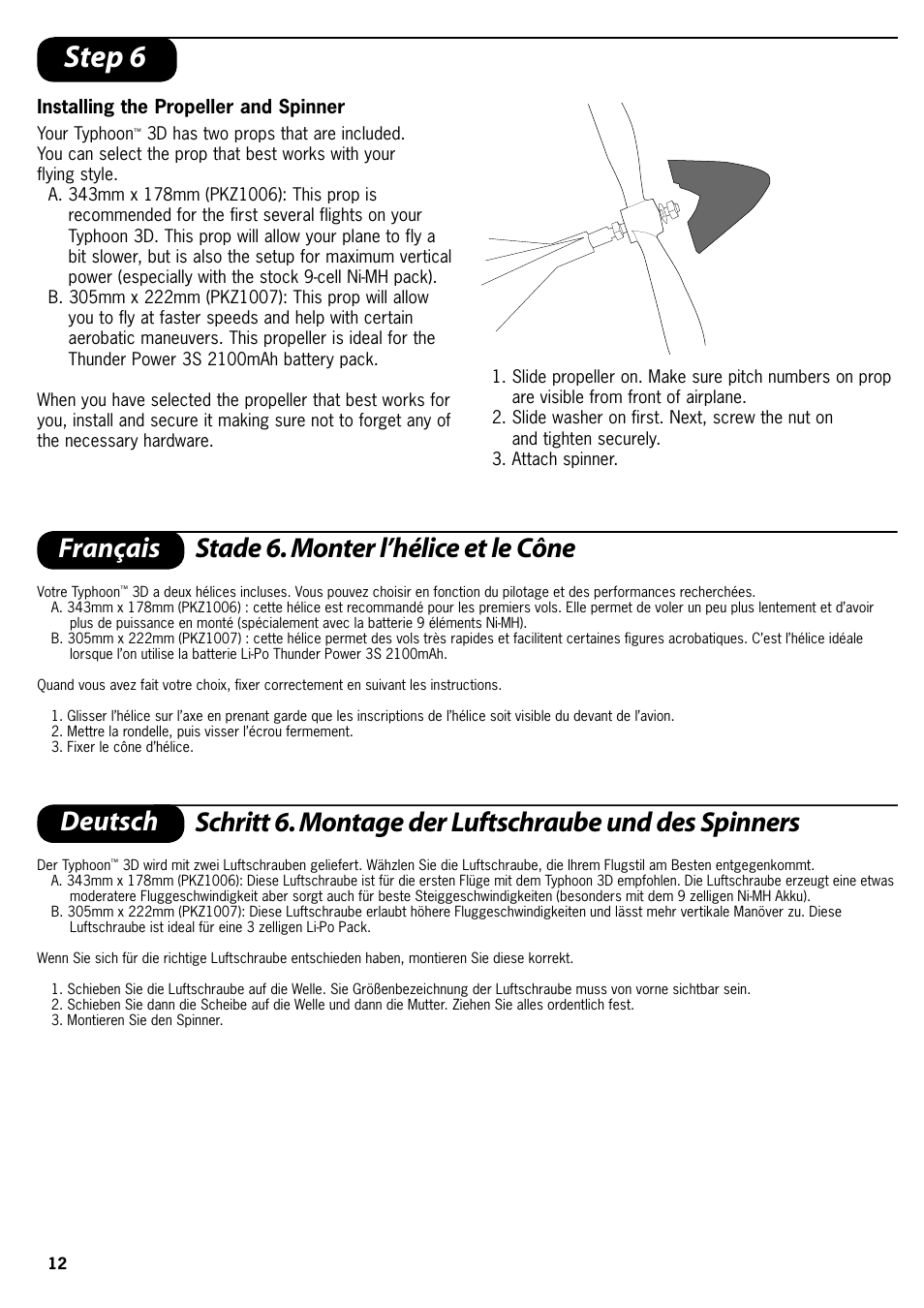 Step 6, Français stade 6. monter l’hélice et le cône | ParkZone PKZ4100 User Manual | Page 12 / 32