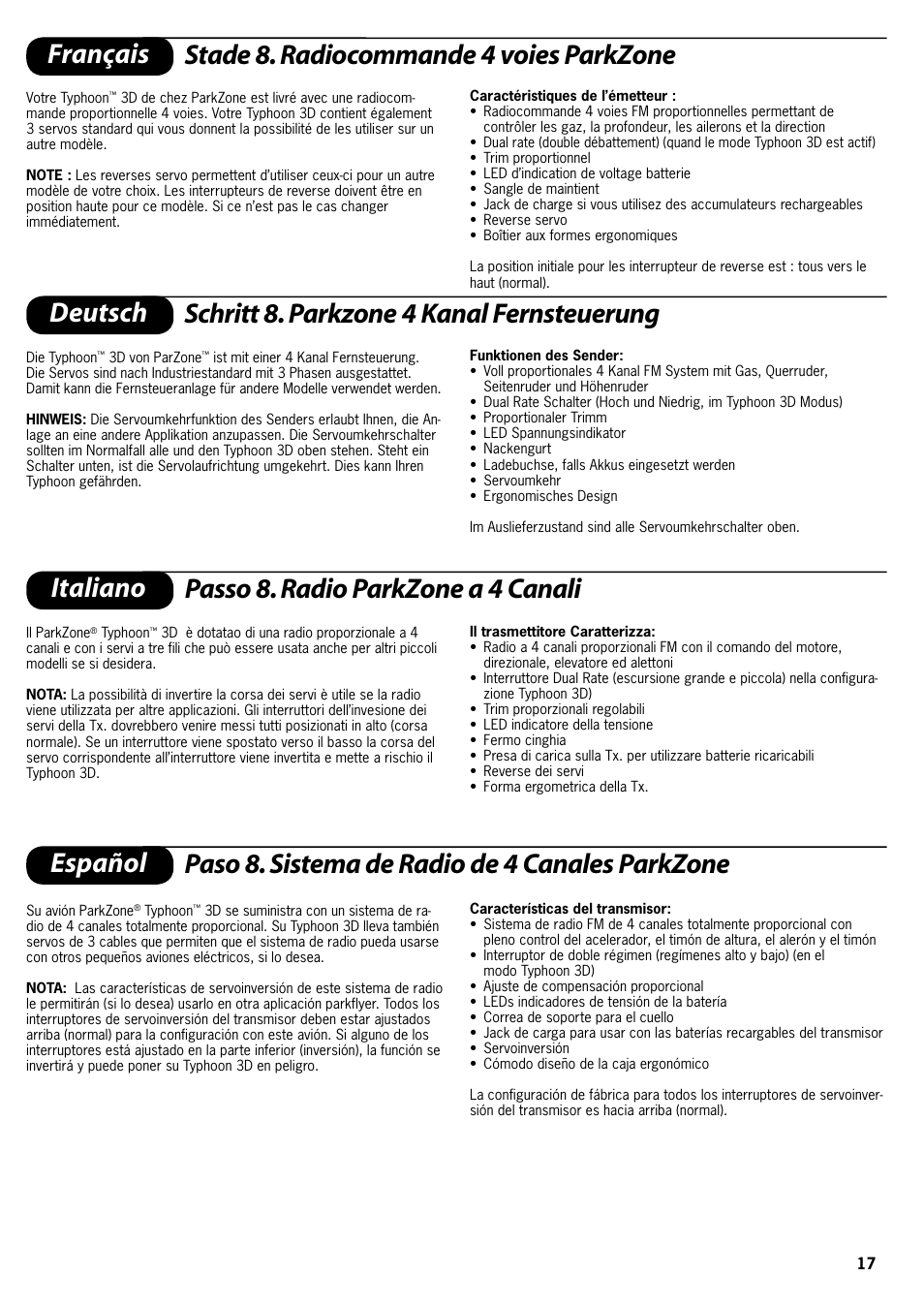 Français stade 8. radiocommande 4 voies parkzone, Deutsch schritt 8. parkzone 4 kanal fernsteuerung | ParkZone PKZ4100 User Manual | Page 17 / 32