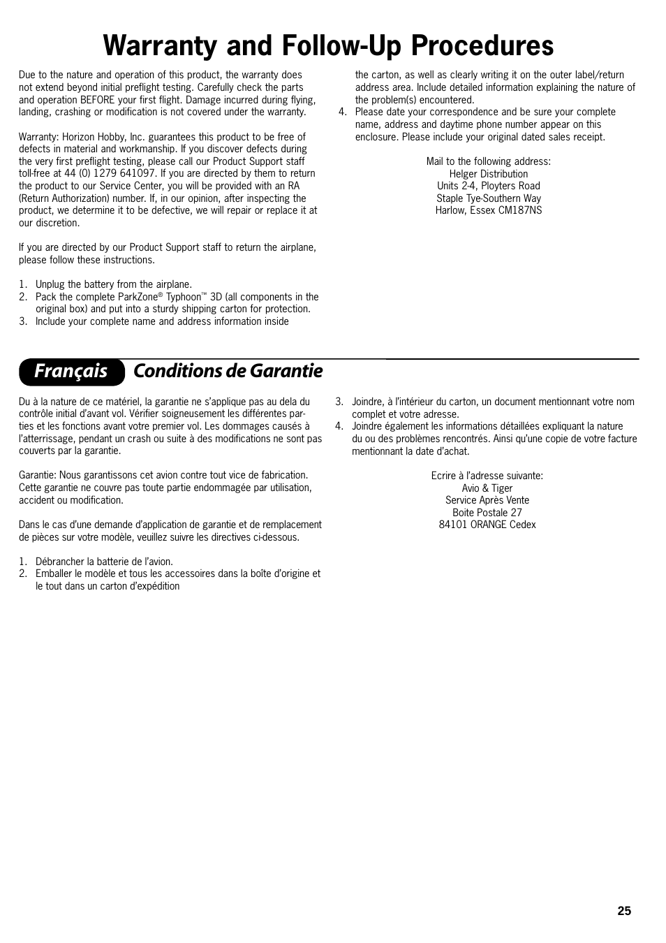 Warranty and follow-up procedures, Français conditions de garantie | ParkZone PKZ4100 User Manual | Page 25 / 32