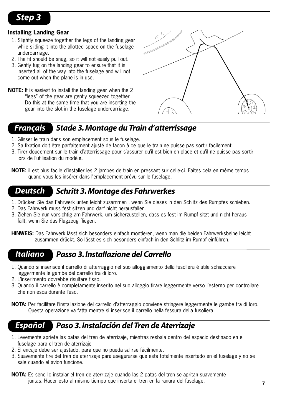 Step 3, Schritt 3. montage des fahrwerkes, Italiano passo 3. installazione del carrello | Español paso 3. instalación del tren de aterrizaje | ParkZone PKZ4100 User Manual | Page 7 / 32