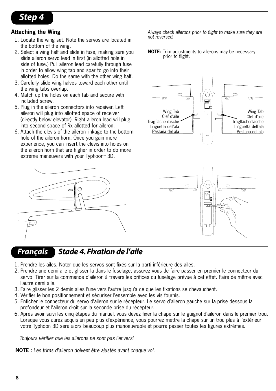 Step 4, Français stade 4. fixation de l’aile | ParkZone PKZ4100 User Manual | Page 8 / 32