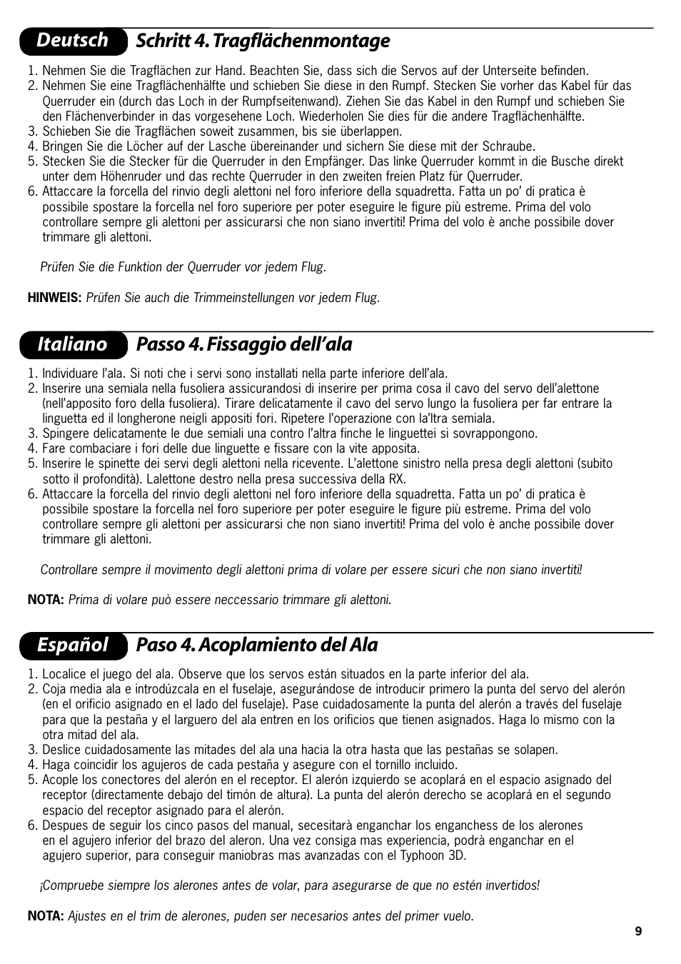 Deutsch, Español paso 4. acoplamiento del ala | ParkZone PKZ4100 User Manual | Page 9 / 32