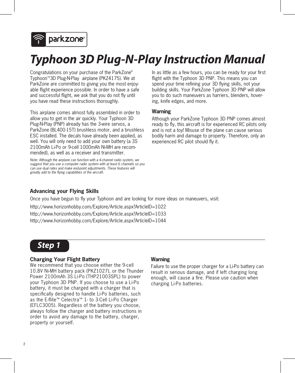 Typhoon 3d plug-n-play instruction manual, Step 1 | ParkZone PKZ4175 User Manual | Page 2 / 10