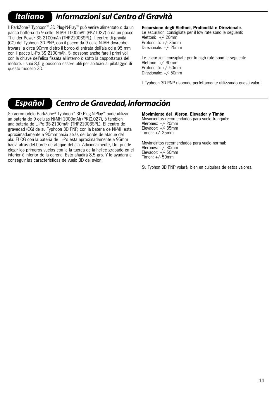 Español centro de gravedad, información, Italiano informazioni sul centro di gravità | ParkZone PKZ4175 User Manual | Page 11 / 32