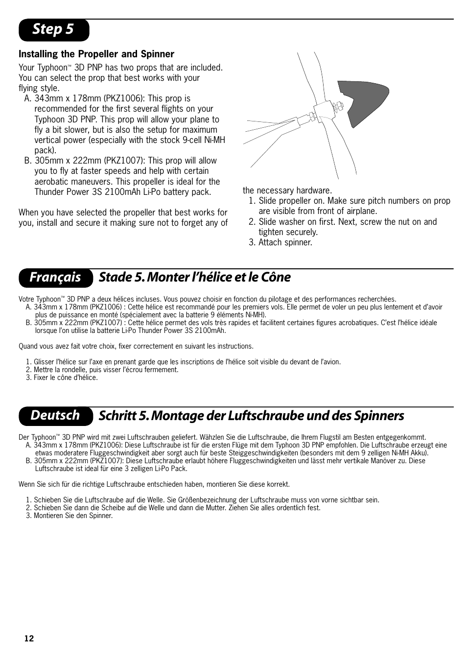 Step 5, Français stade 5. monter l’hélice et le cône | ParkZone PKZ4175 User Manual | Page 12 / 32