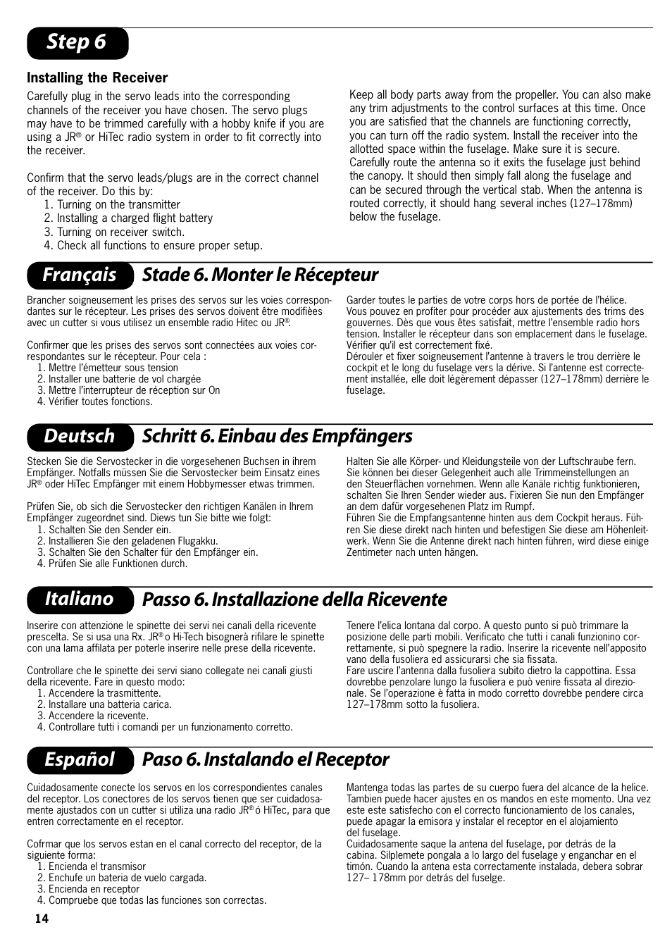 Step 6, Français stade 6. monter le récepteur, Installing the receiver | ParkZone PKZ4175 User Manual | Page 14 / 32