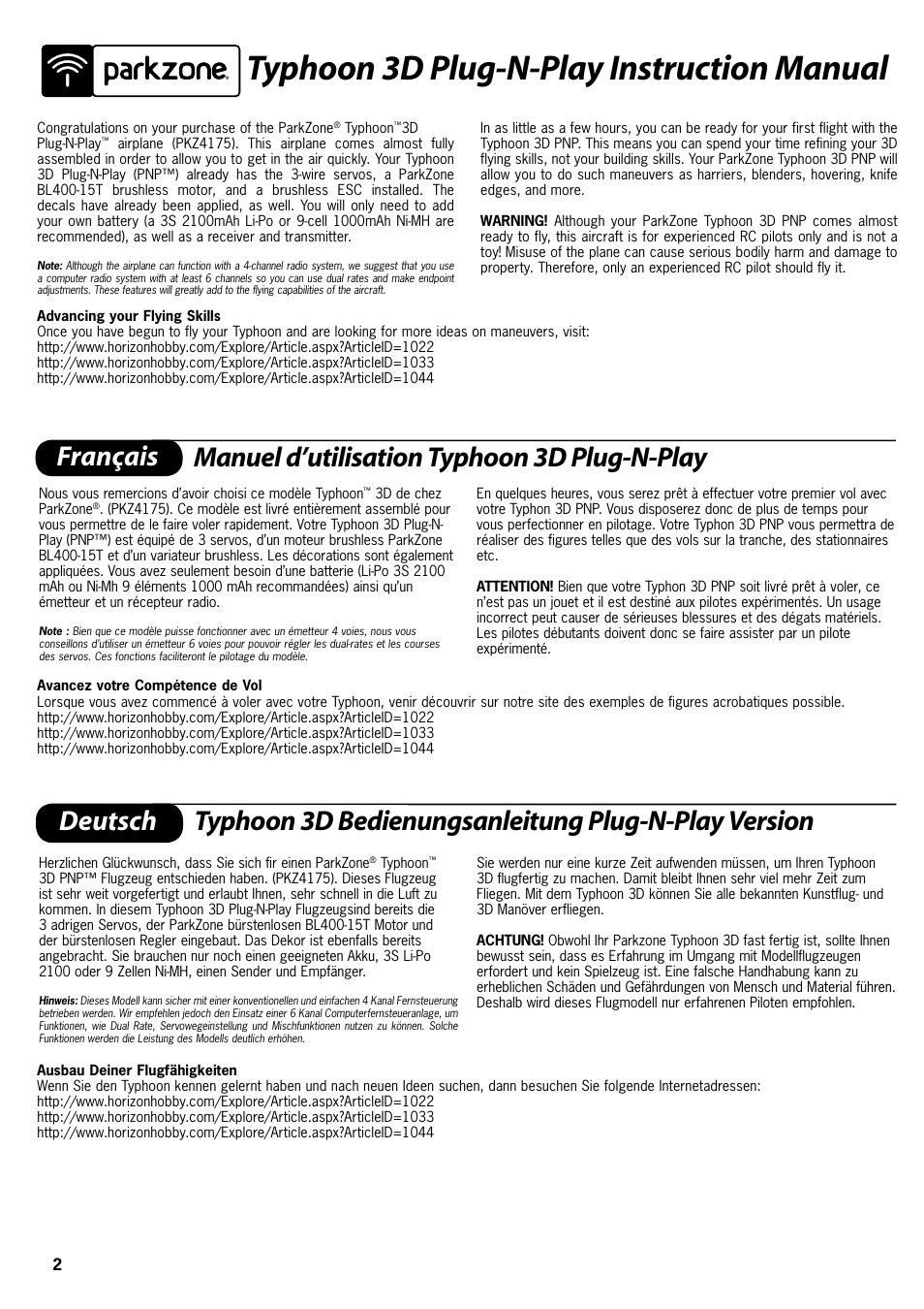 Typhoon 3d plug-n-play instruction manual | ParkZone PKZ4175 User Manual | Page 2 / 32