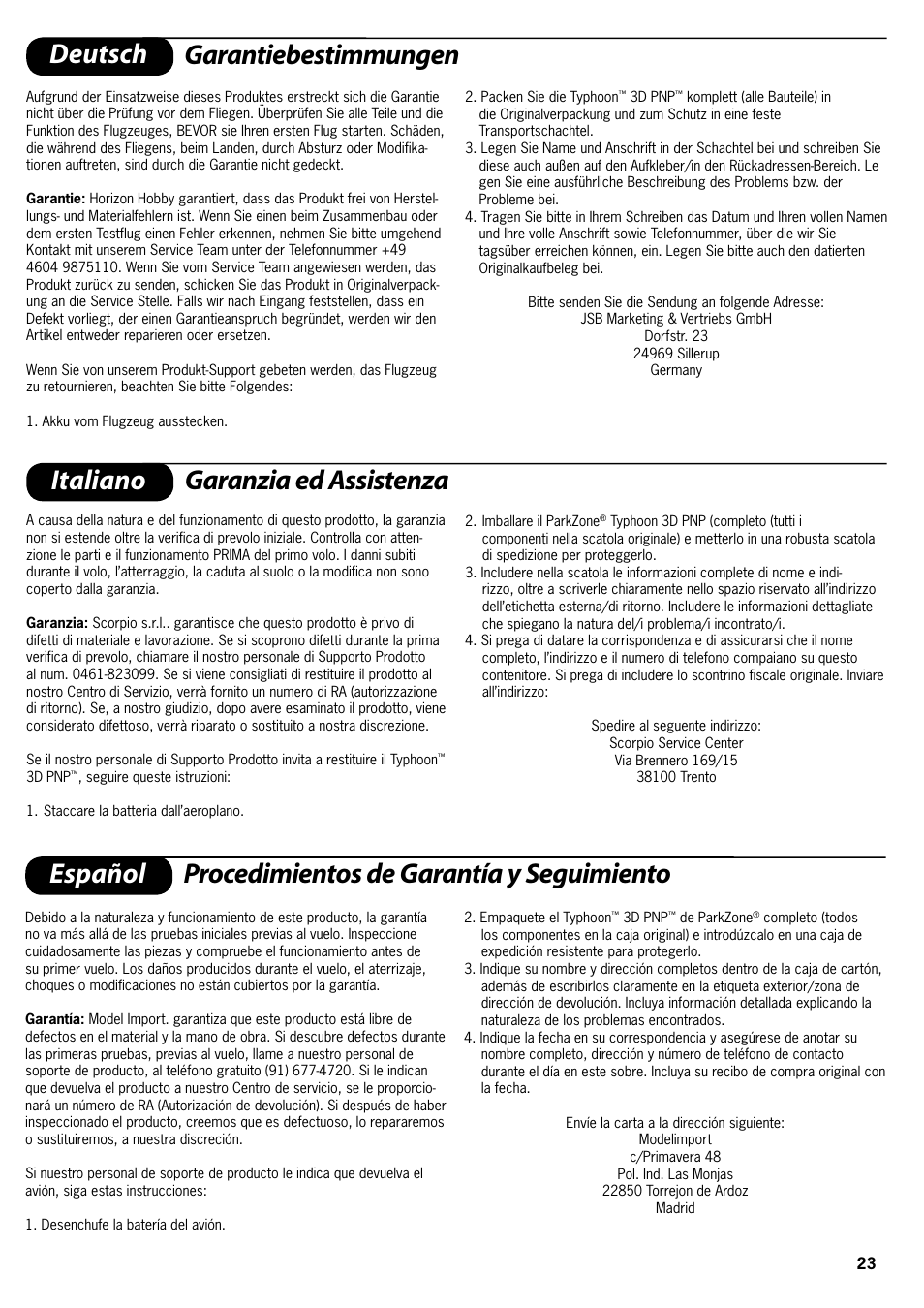 Deutsch garantiebestimmungen, Italiano garanzia ed assistenza, Español procedimientos de garantía y seguimiento | ParkZone PKZ4175 User Manual | Page 23 / 32