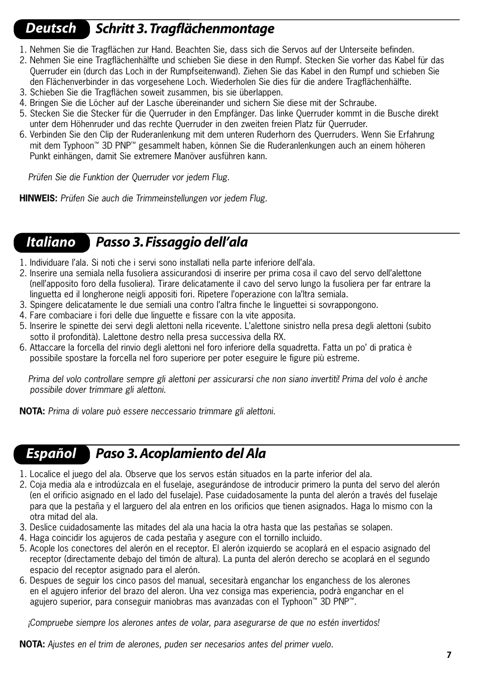 Deutsch, Español paso 3. acoplamiento del ala | ParkZone PKZ4175 User Manual | Page 7 / 32