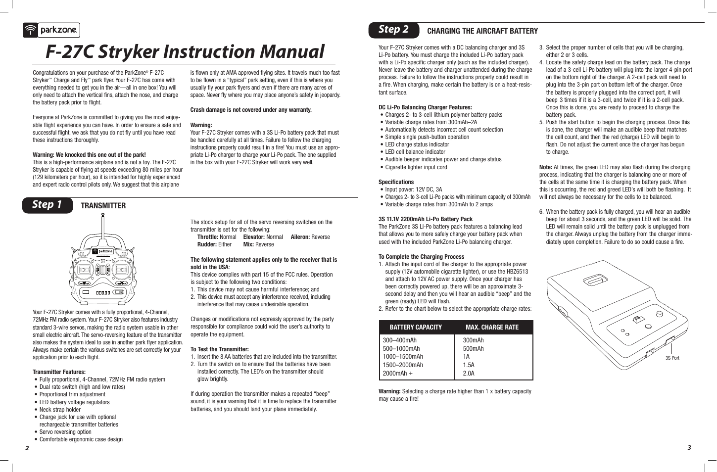 F-27c stryker instruction manual, Step 1, Step 2 | Transmitter charging the aircraft battery | ParkZone PKZ4200 User Manual | Page 2 / 6