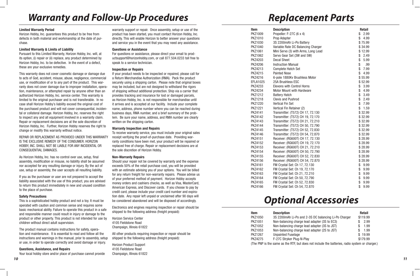 Replacement parts, Optional accessories, Warranty and follow-up procedures | ParkZone PKZ4200 User Manual | Page 6 / 6