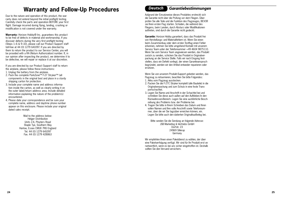 Warranty and follow-up procedures, Deutsch garantiebestimmungen | ParkZone PKZ4200 User Manual | Page 13 / 17