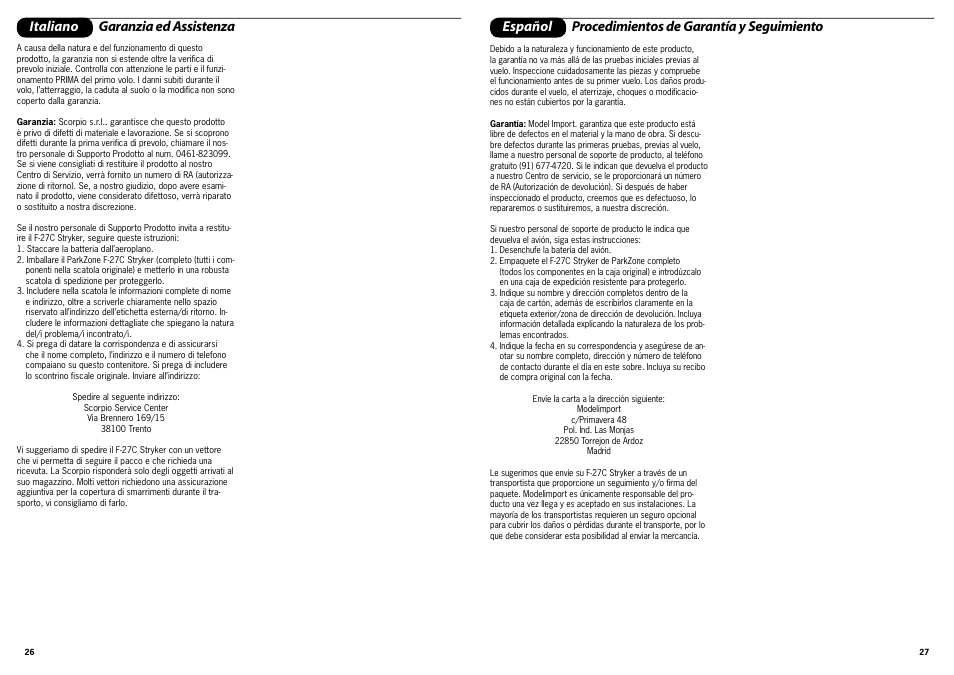 Italiano garanzia ed assistenza, Español procedimientos de garantía y seguimiento | ParkZone PKZ4200 User Manual | Page 14 / 17