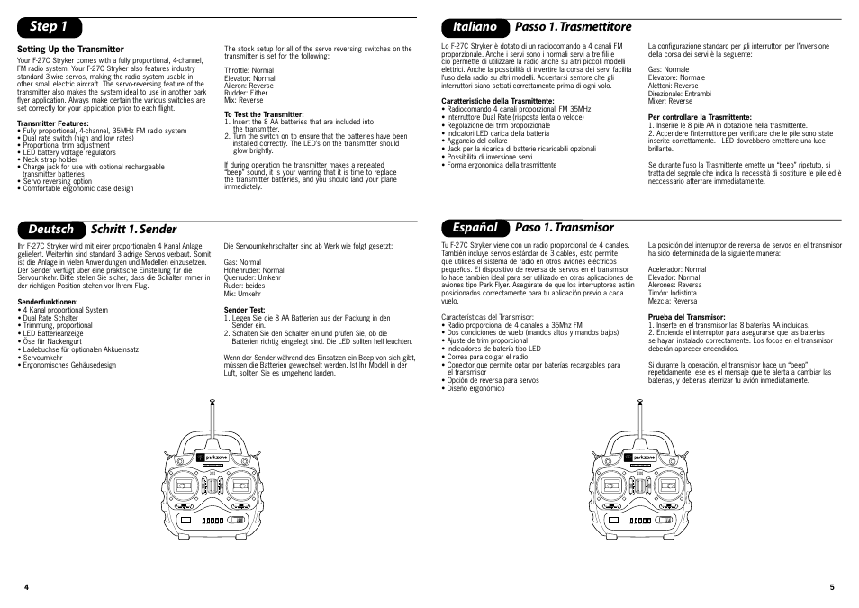 Step 1, Thr ele ail rud t/v, Deutsch | Schritt 1. sender, Italiano passo 1. trasmettitore, Español paso 1. transmisor | ParkZone PKZ4200 User Manual | Page 3 / 17